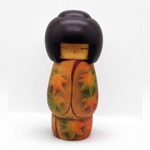Wooden Doll with Autumn Leaves Seigaku Ando Kokeshi Doll | Approx. 8" VTG Rare
